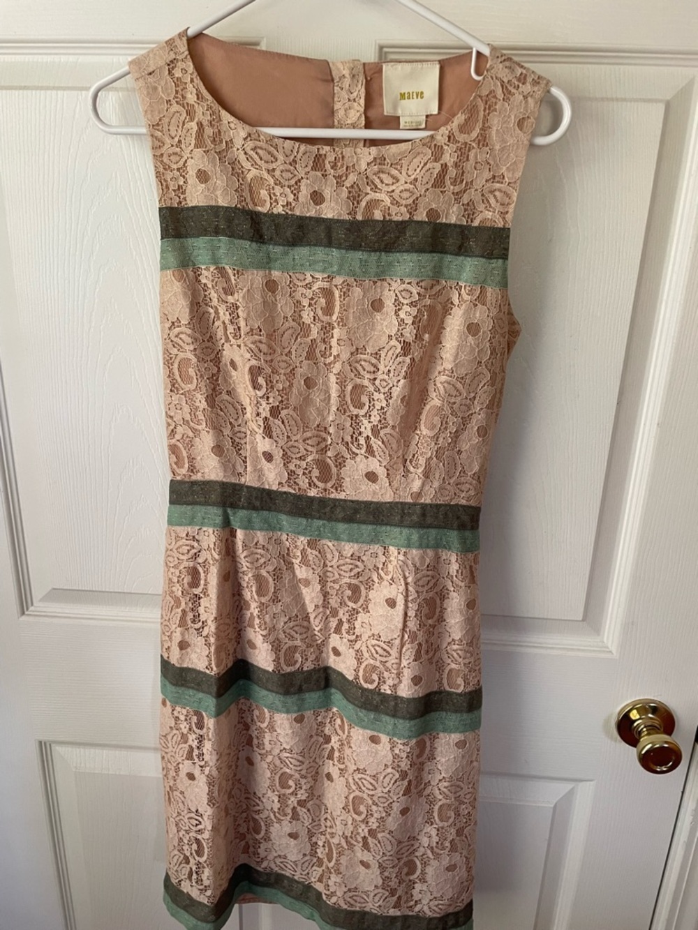 Maeve Pink Lace Sheath Dress with Green Stripe Accents and Back Cutout. Size M